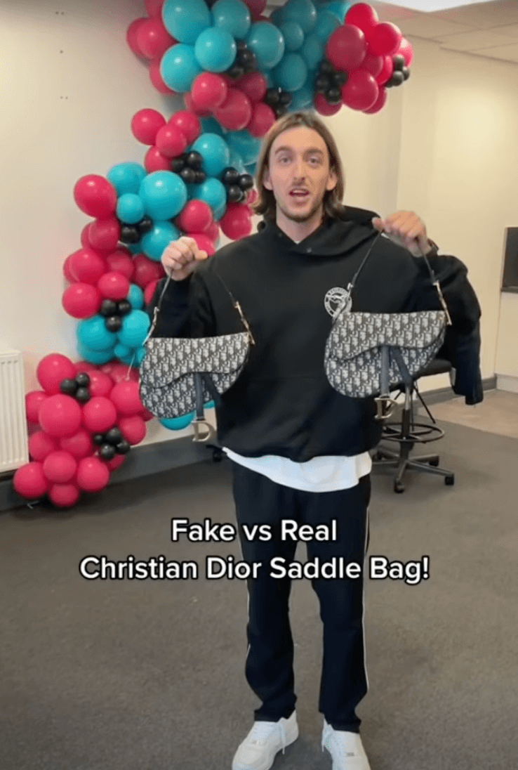 A person holding fake (left) and real (right) Christian Dior Saddle Bags 